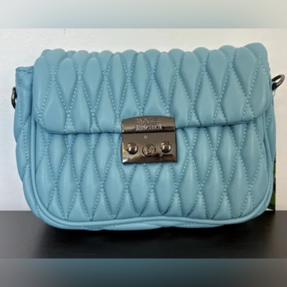 Badgley Mischka Quilted Purse Messenger Bag/Baby Blue/Gun Metal NWT